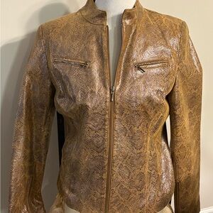 Vakko Tan Snake Print Leather Jacket